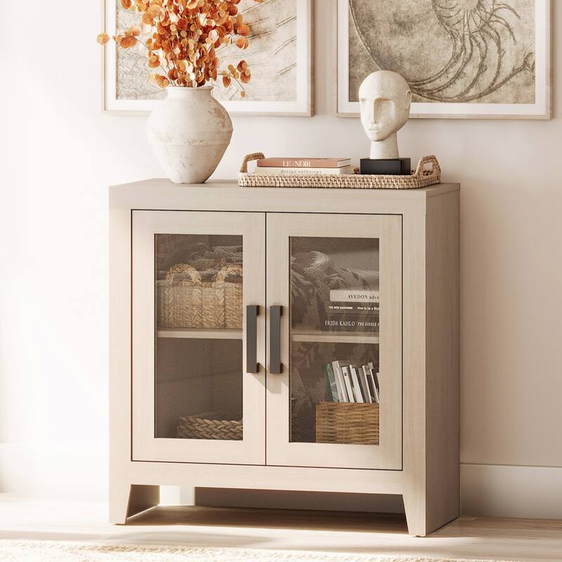 WAMPAT Modern Farmhouse TV Stand, Entertainment Center with Tempered Glass Doors & Adjustable Shelves - 31 inches in width - Beige