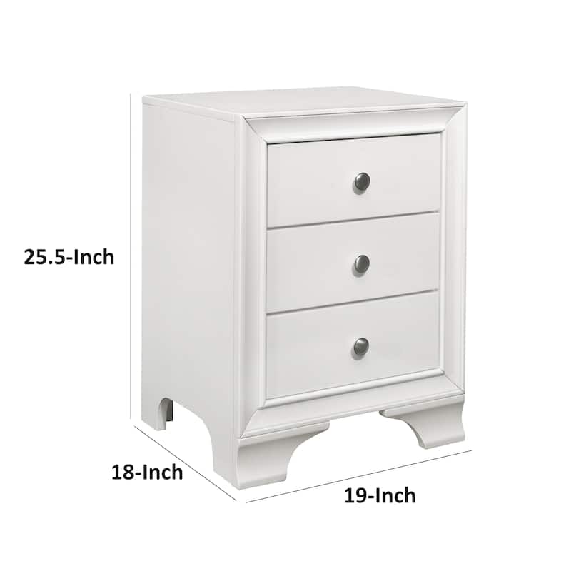 Folu 26 Inch Nightstand, USB Port, 3 Drawers with Chrome Knobs, White