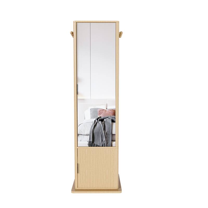 Anmytek 360 Rotating Jewelry Cabinet, Full Length Mirror Standing Storage Cabinet with Coat Rack and Open Shelves, Walnut