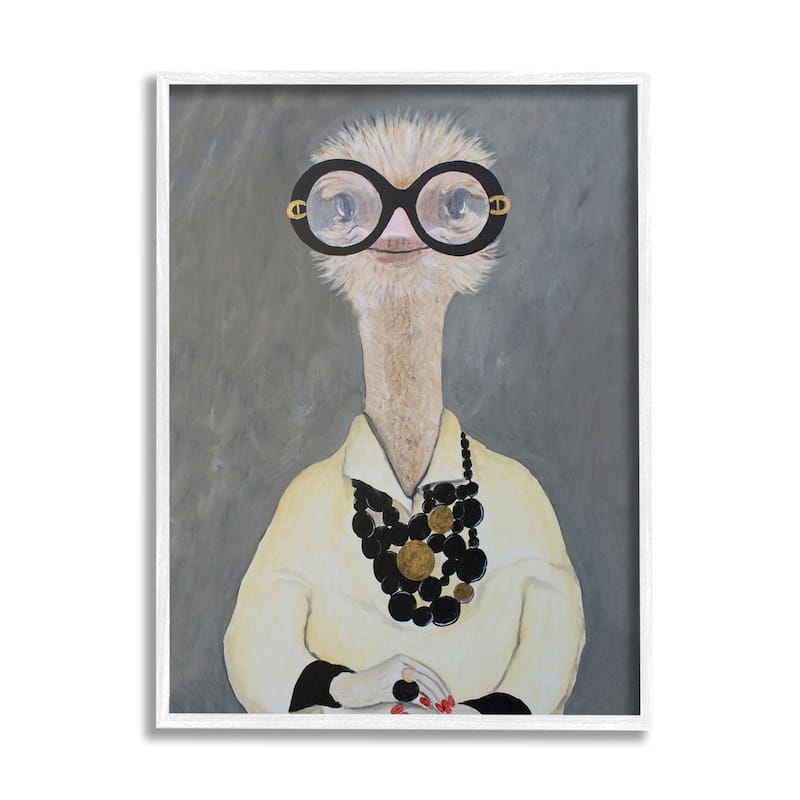 Stupell Ostrich Bird Wearing Glasses Jewelry Painted Nails Framed Wall Art - Grey - 24 x 30 - White