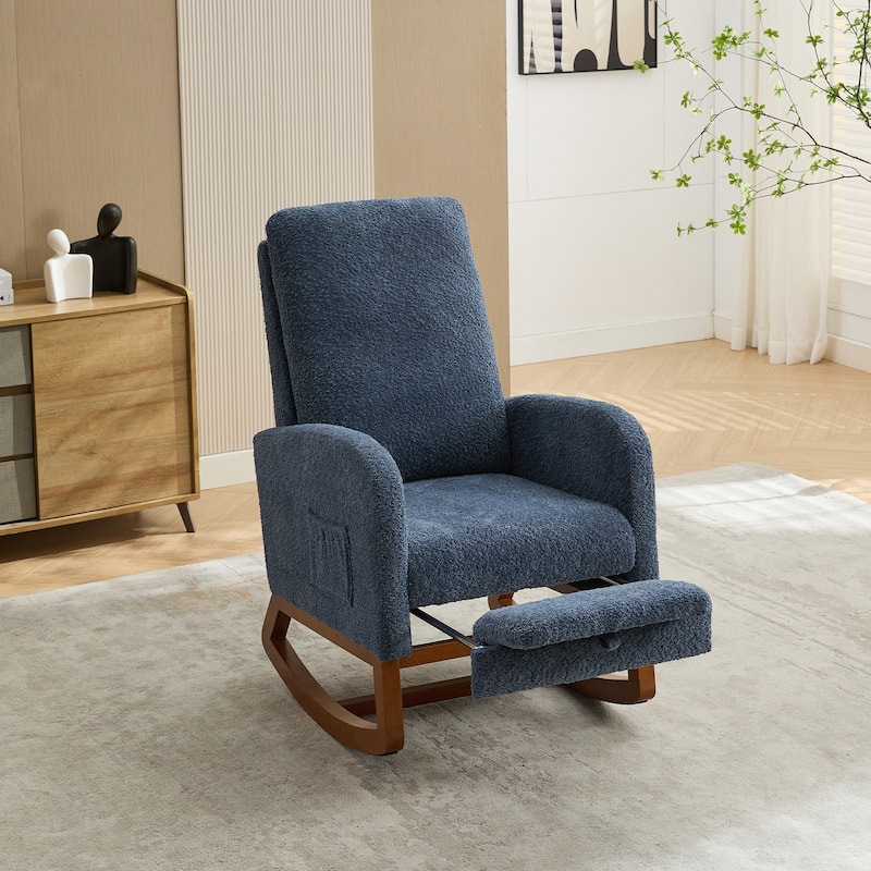 GDFStudio - Amelia Boucle Upholstered Rocking Chair with Retractable Footrest and Wingback Design - 25.4"W - Navy+Velvet