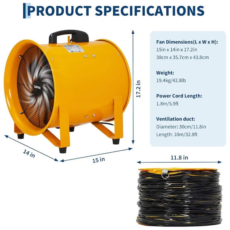 12 Inch 3500 CFM Heavy Duty Utility Blower Fan, Portable Industrial Exhaust Fan with 32.8ft Vinyl Hose