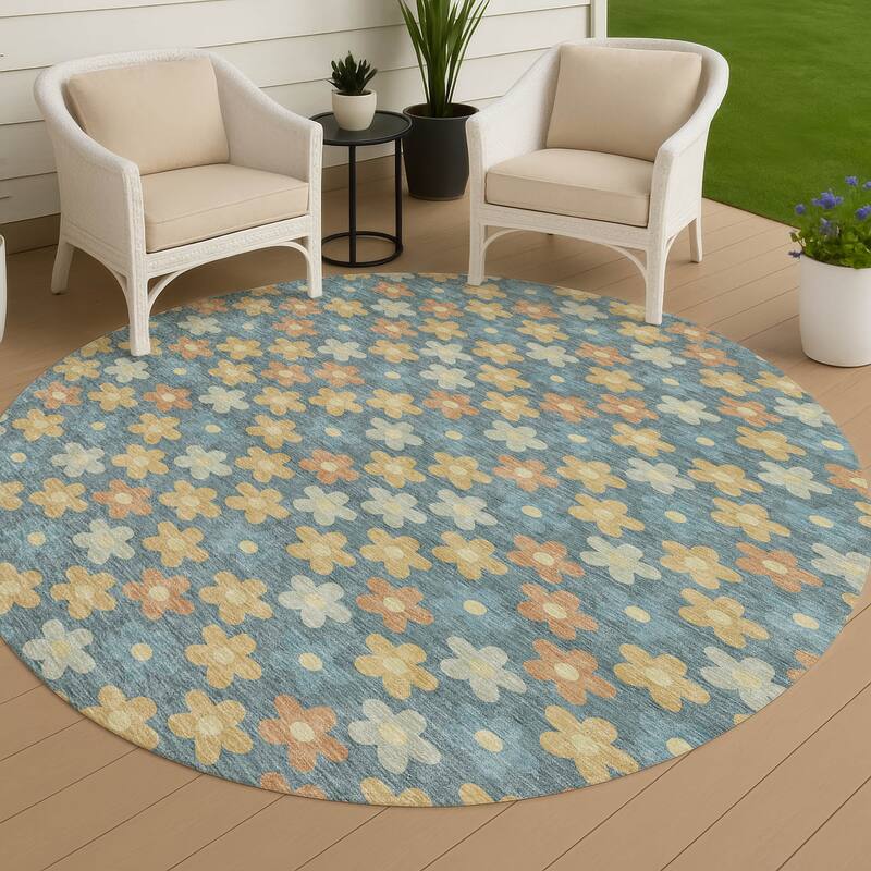 Machine Washable Indoor/ Outdoor Floral Kechi Chantille Rug - Teal - 8' x 8'