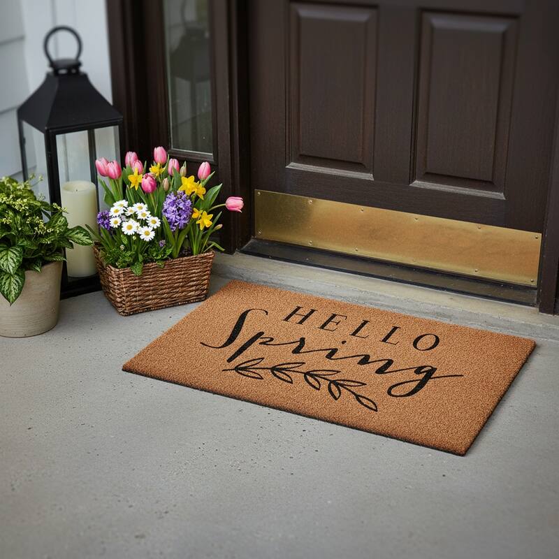 HomeRoots 17" X 29" Brown And Black Hello Spring Outdoor Coir Door Mat - 17.00' X '29.00 - 17.00' X '29.00