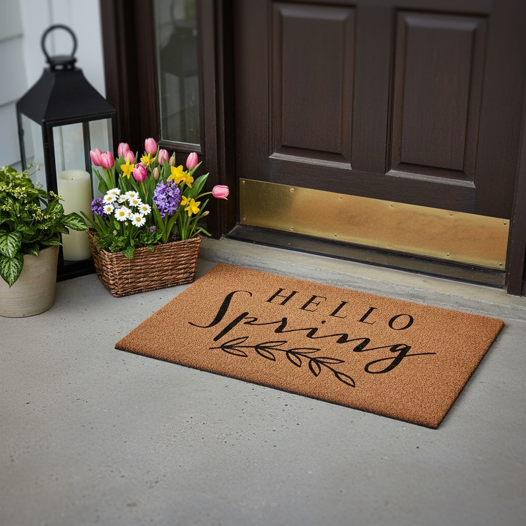 HomeRoots 17" X 29" Brown And Black Hello Spring Outdoor Coir Door Mat - 17.00' X '29.00