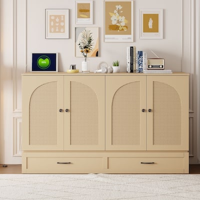 Foldable Rattan Murphy Bed with Storage Large Drawer and USB