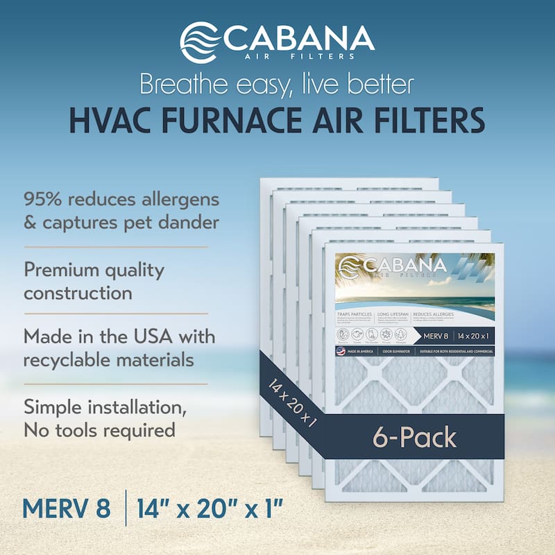 Cabana Air Filters 6 Pack HVAC Furnace Air Filters, MERV 8, 14 x 20 x 1, White - 0.65