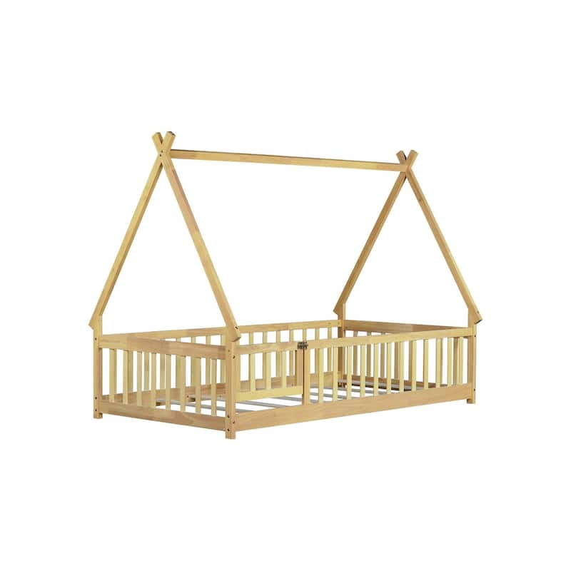 Twin Tent-shaped Floor Bed,Teepee Bed with Guardrails,Slats and Door
