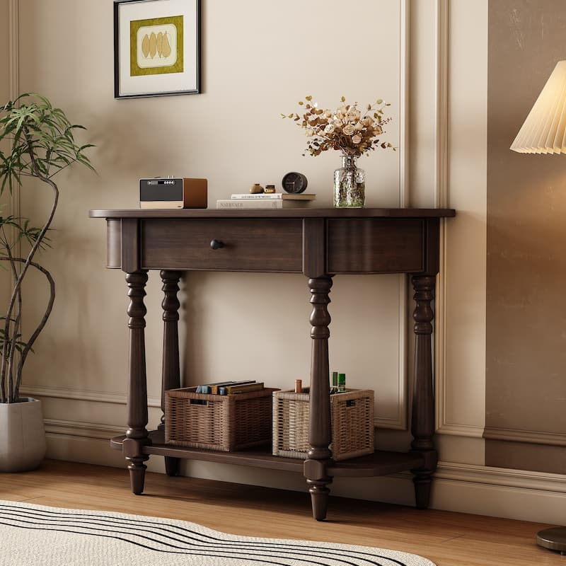 Narrow Console Table, Curved Corner Sofa Table with Full-Width Drawers and Open Storage Shelf, Retro Entryway Table Espresso