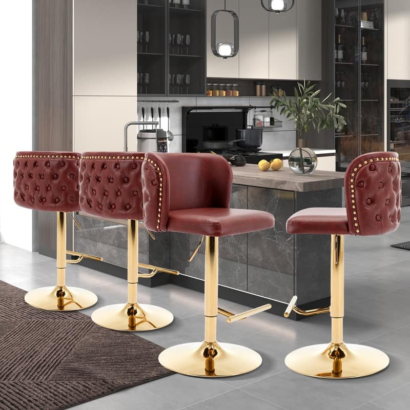 Upholstered Adjusatble Swivel Bar Stools Set of 2 - Burgundy Gold