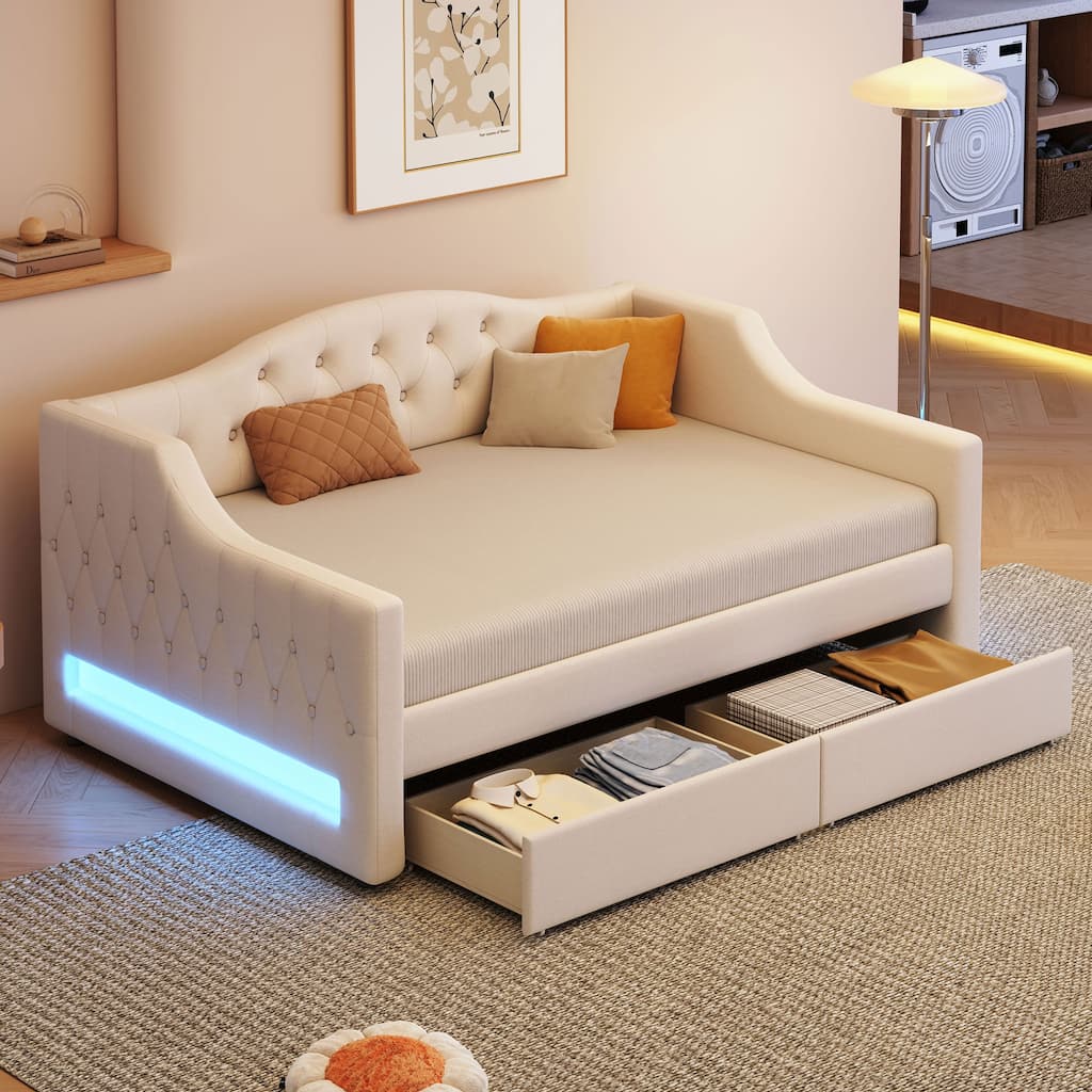 Twin XL Upholstered Daybed with LED Lighting and 2 Storage Drawers, Beige