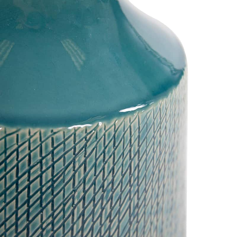 Allan Andrews Sea Blue Cross Hatched Round Ceramic Vase - 9H x 8W x 8D
