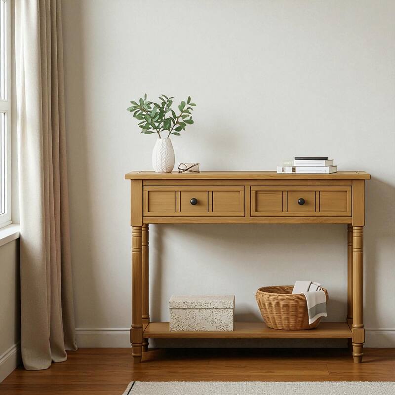 Daisy Series Traditional Console Table with 2 Drawers and Bottom Shelf, Solid Pine Wood Entryway Accent Table