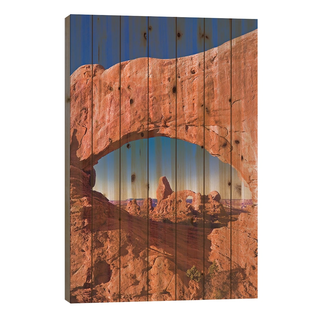 Morning light on Turret Arch through North Window, Arches National Park, Utah, USA Print On Wood by Russ Bishop - Multi-Color