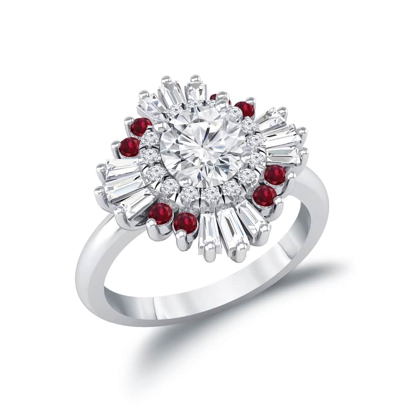 Auriya Vintage Ballerina 3/4ct Moissanite and Red Ruby & Halo Diamond Engagement Ring 14k Gold