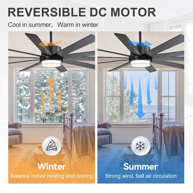 75"/80" Modern Matte Black Ceiling Fan with LED Light and Remote(8/10 Blades)