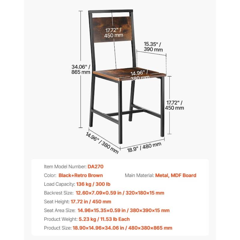 Rustic Brown-Black Metal MDF Dining Chair Set of 2 Ergonomic Sturdy Seat - 18.90 × 14.96 × 34.06 in