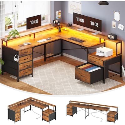 L Shaped Home Office Desk with 6 Drawer File Drawer Power Outlet