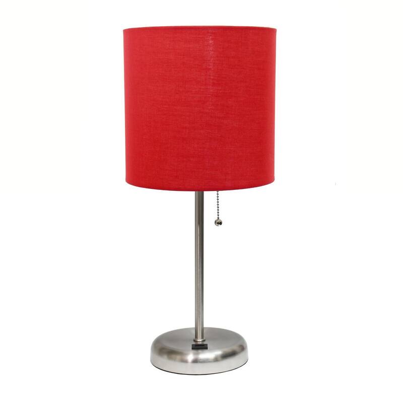 19.5 in. Brushed Steel Finish Table Lamp with Red Shade, Durable Stick Lamp for End/Side Tables