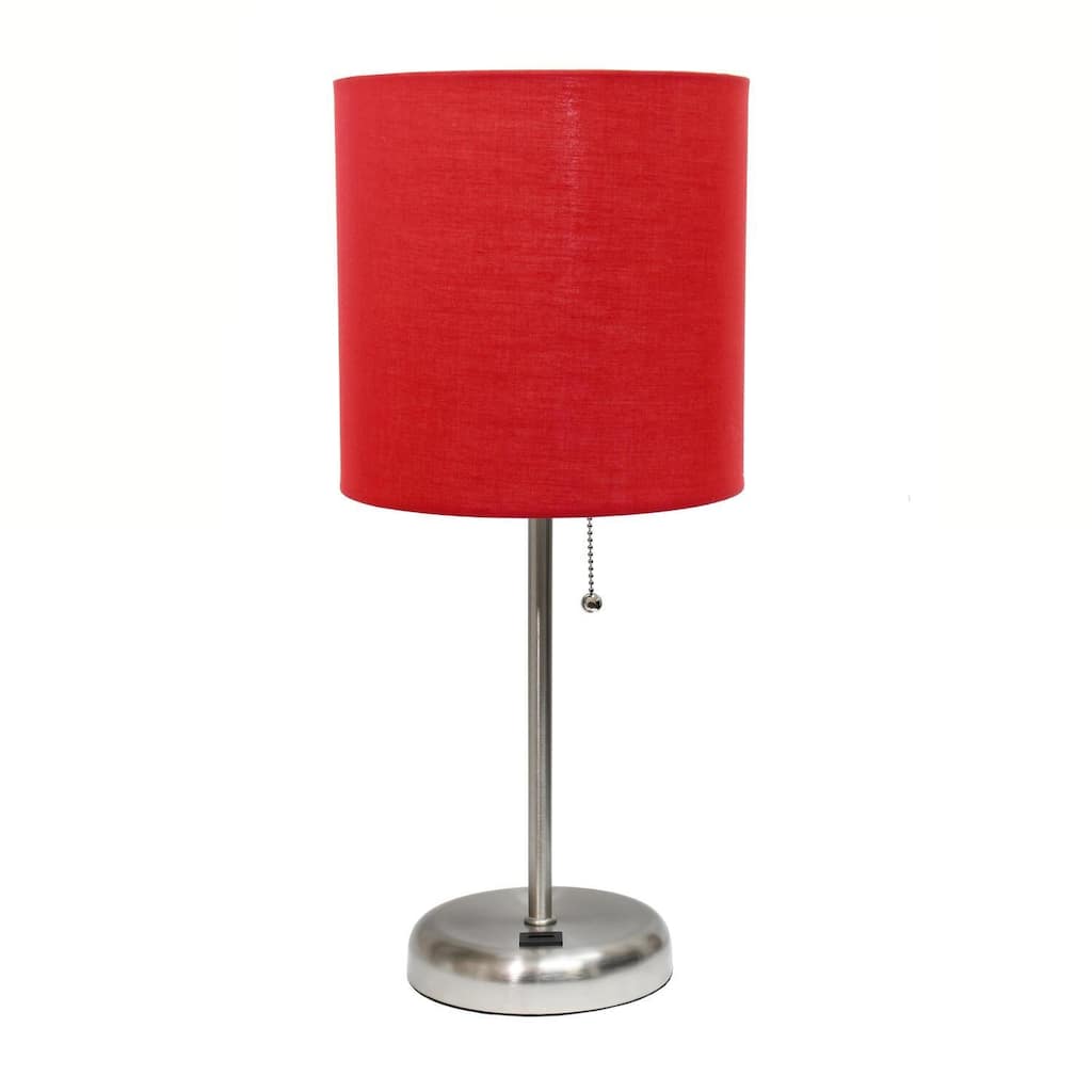 19.5 in. Brushed Steel Finish Table Lamp with Red Shade, Durable Stick Lamp for End/Side Tables