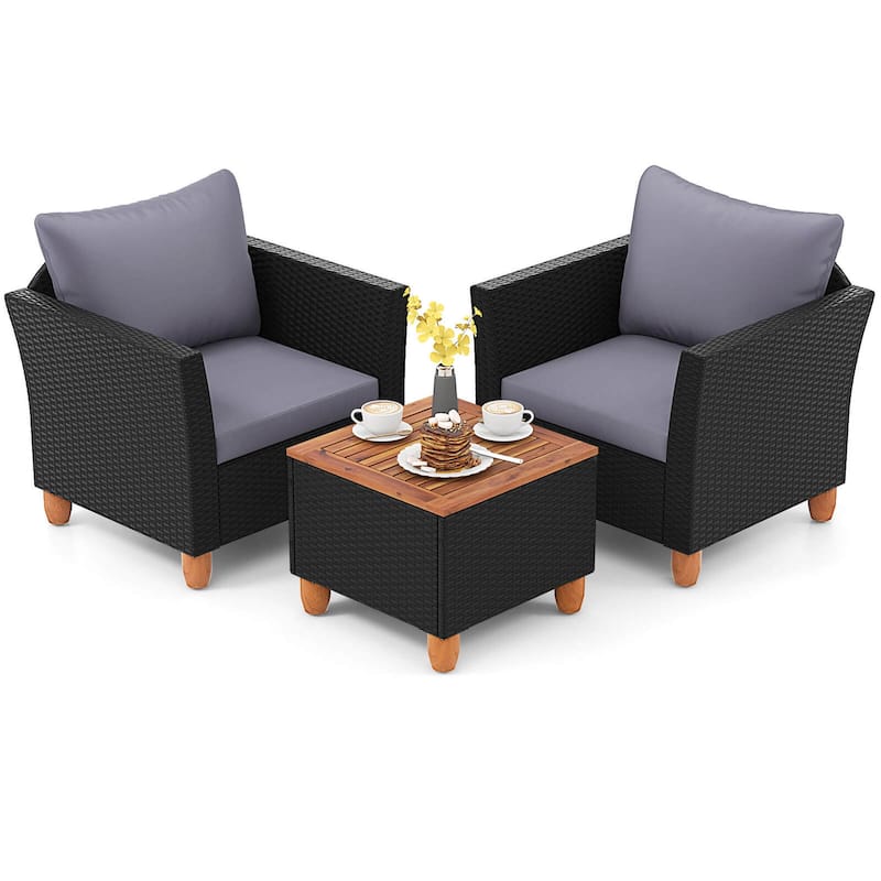 3 PCS Patio Rattan Furniture Set Cushioned Storage Table w/ Wood Top - Black+Grey