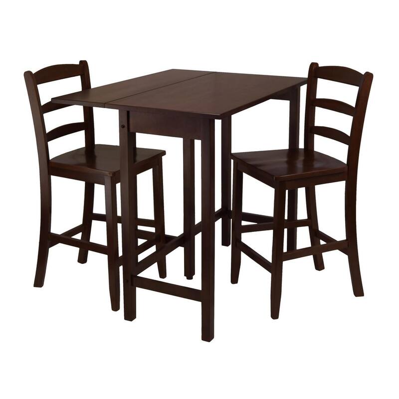 Rustic Drop Leaf High Table Set - 3 Piece with Counter Stools - Space Saving Dining Table for Kitchen, Bar, Bistro