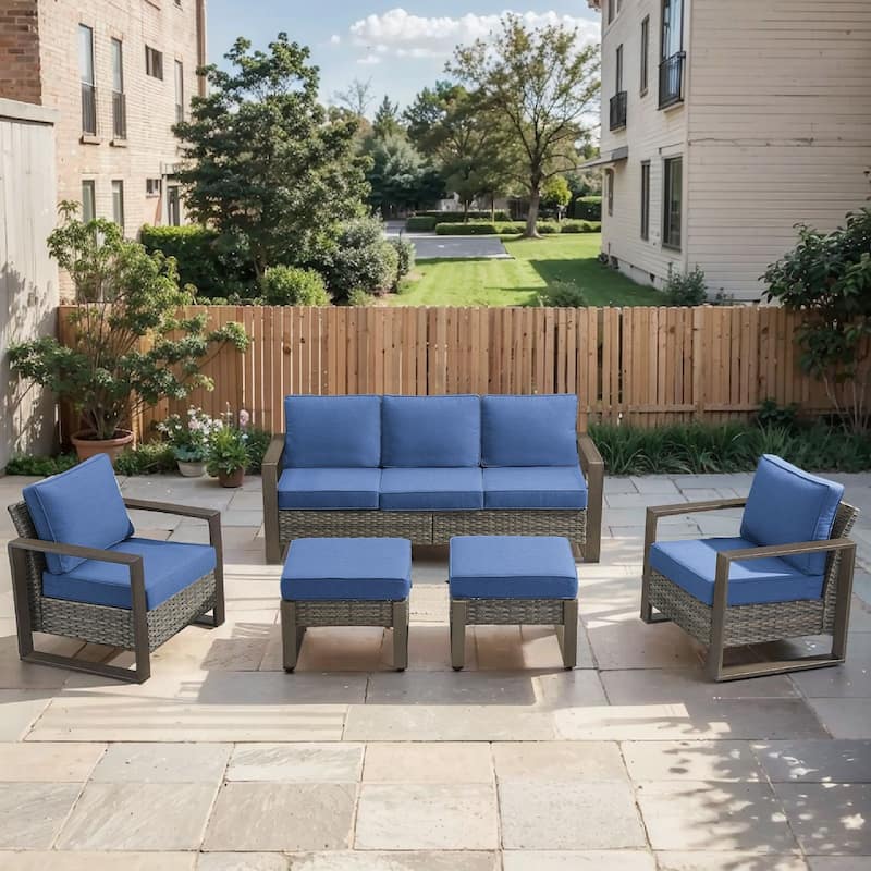 Pocassy 5 Pieces Outoor Patio Sofa Club Chair Ottoman Set - Blue cushion - Gray Wicker