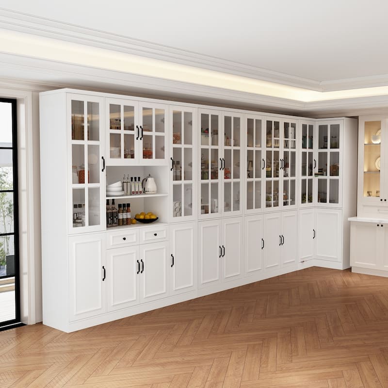 78.7"H Combo Buffet Sideboard White Curio Bookcase Cabinet Glass Door