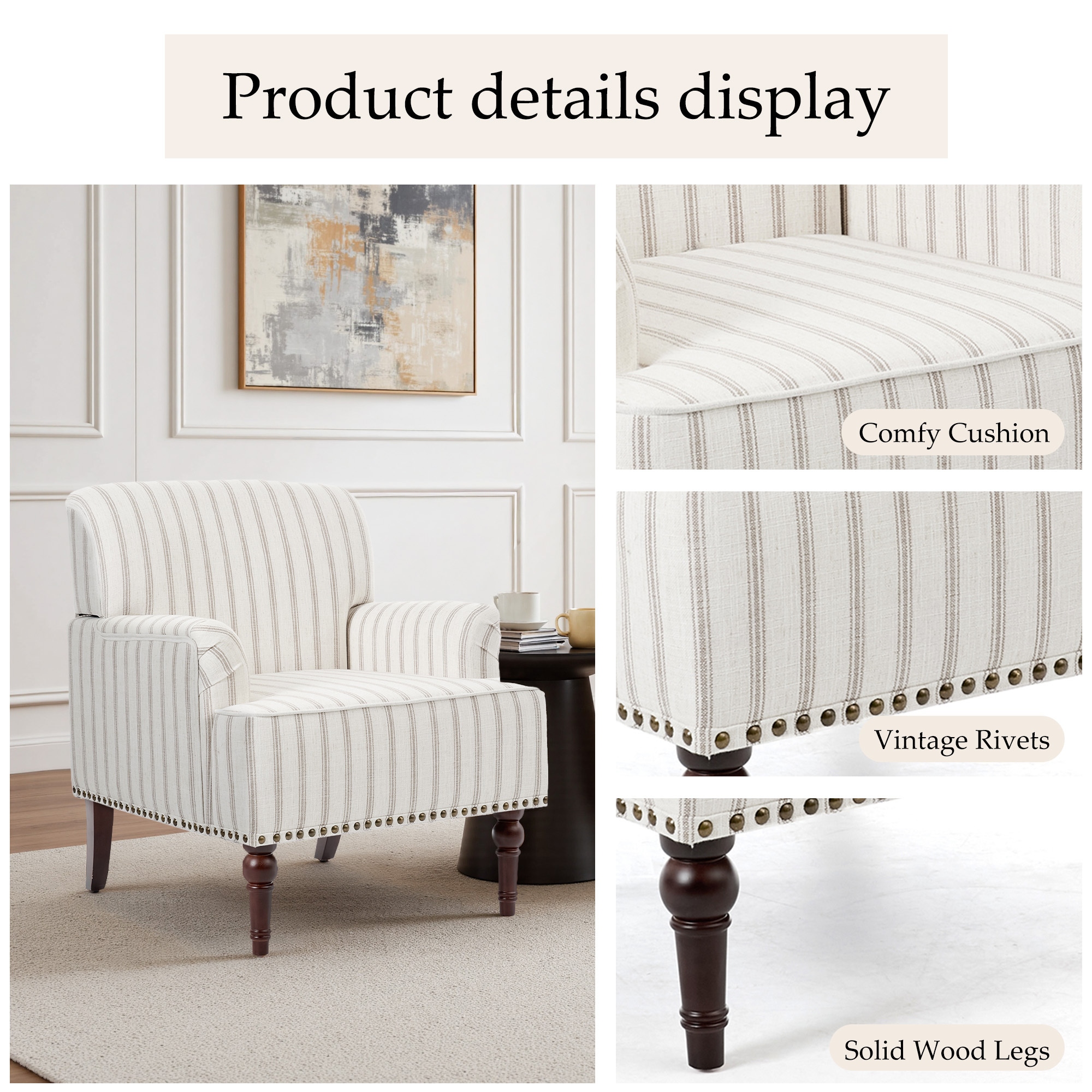 Linen Accent Chairs Nailhead Trim Armchairs with Wooden Legs
