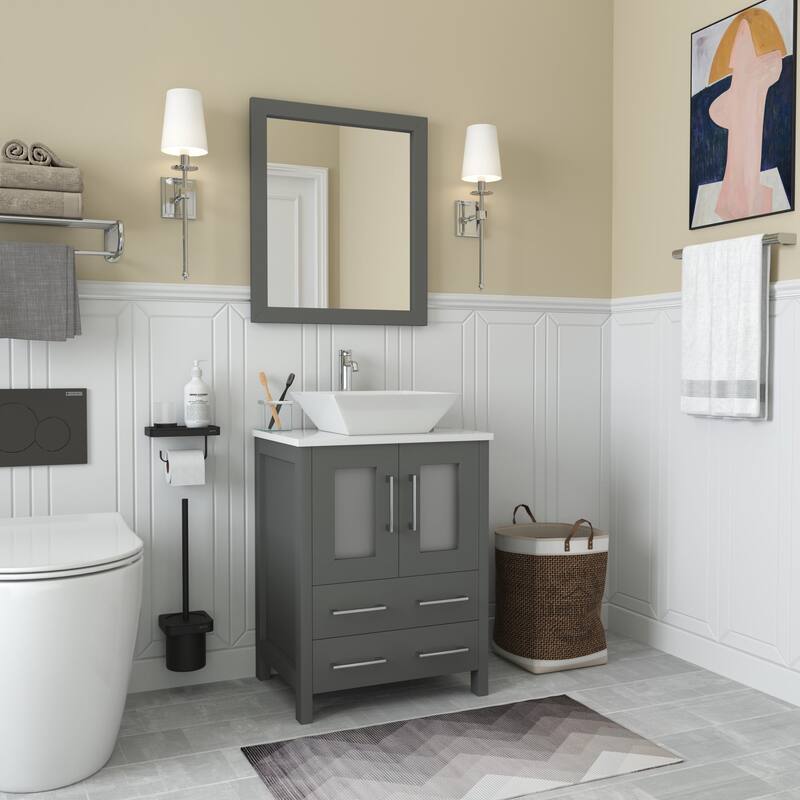 Vanity Art 24-inch Single Sink Bathroom Vanity Set With Engineered Marble Top and Free Mirror