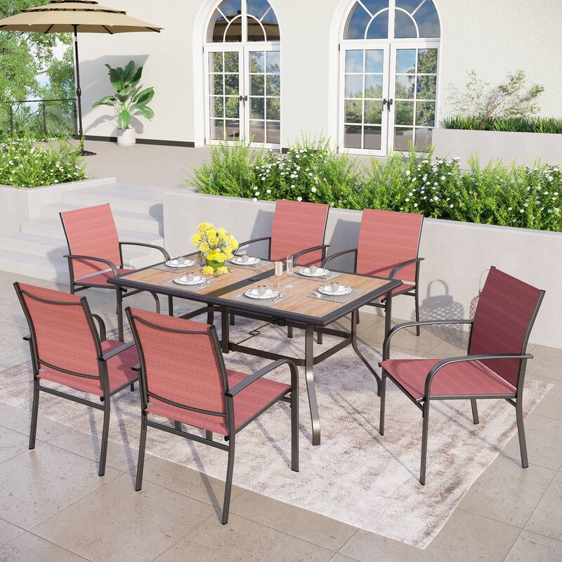 MAISON ARTS 7-Piece Patio Dining Set Wood-look Rectangle Table and 6 Textilene Chairs - Red Chairs