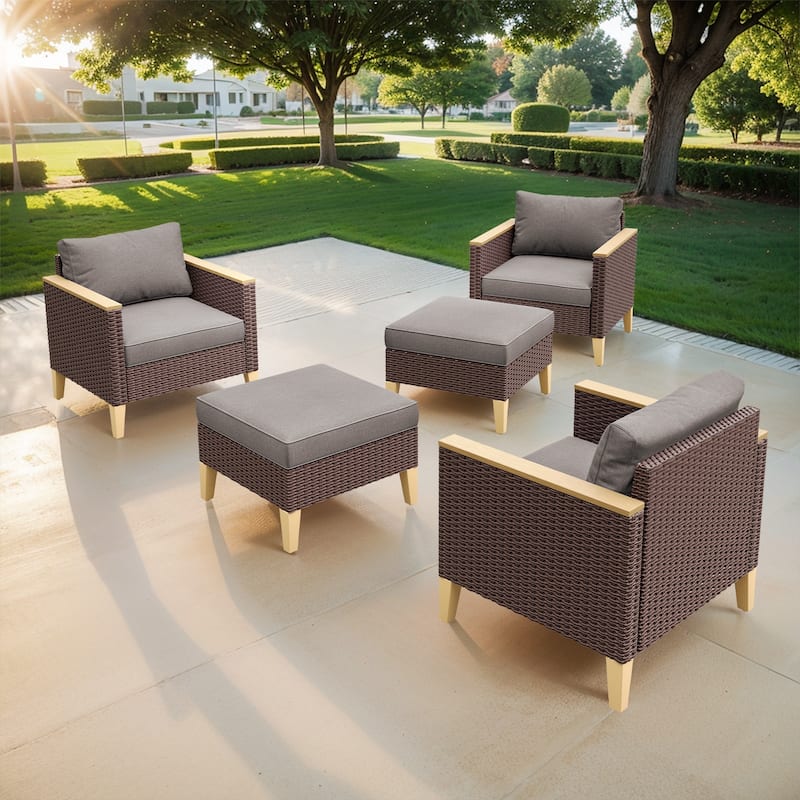 5 Pieces Wicker Patio Chair with Ottoman Set - Grey - Brown