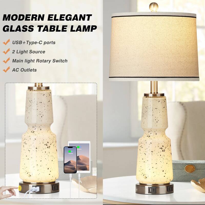 White Glass Table Lamps Nightlight 2in1 Ink Textile 2-Way Touch Switch (Set of 2) - 12'' x 12'' x 26'' (L x W x H)