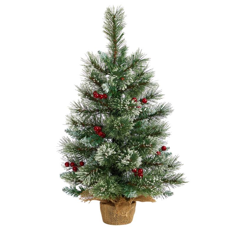 2ft. Snow Tipped Pine & Berry Artificial Christmas Tree with 35 Warm White LED Lights in Burlap Base - Rustic X-Mas Accent