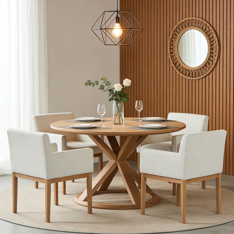 Christopher Knight Home - Elara Modern Upholstered Dining Arm Chair with Rubberwood Legs - Fabric Padded Seat - Set of 4 - Beige,Natural