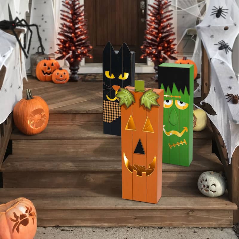Glitzhome 30"H LED Lighted Halloween Pumkin Wooden Porch Decor with Timer