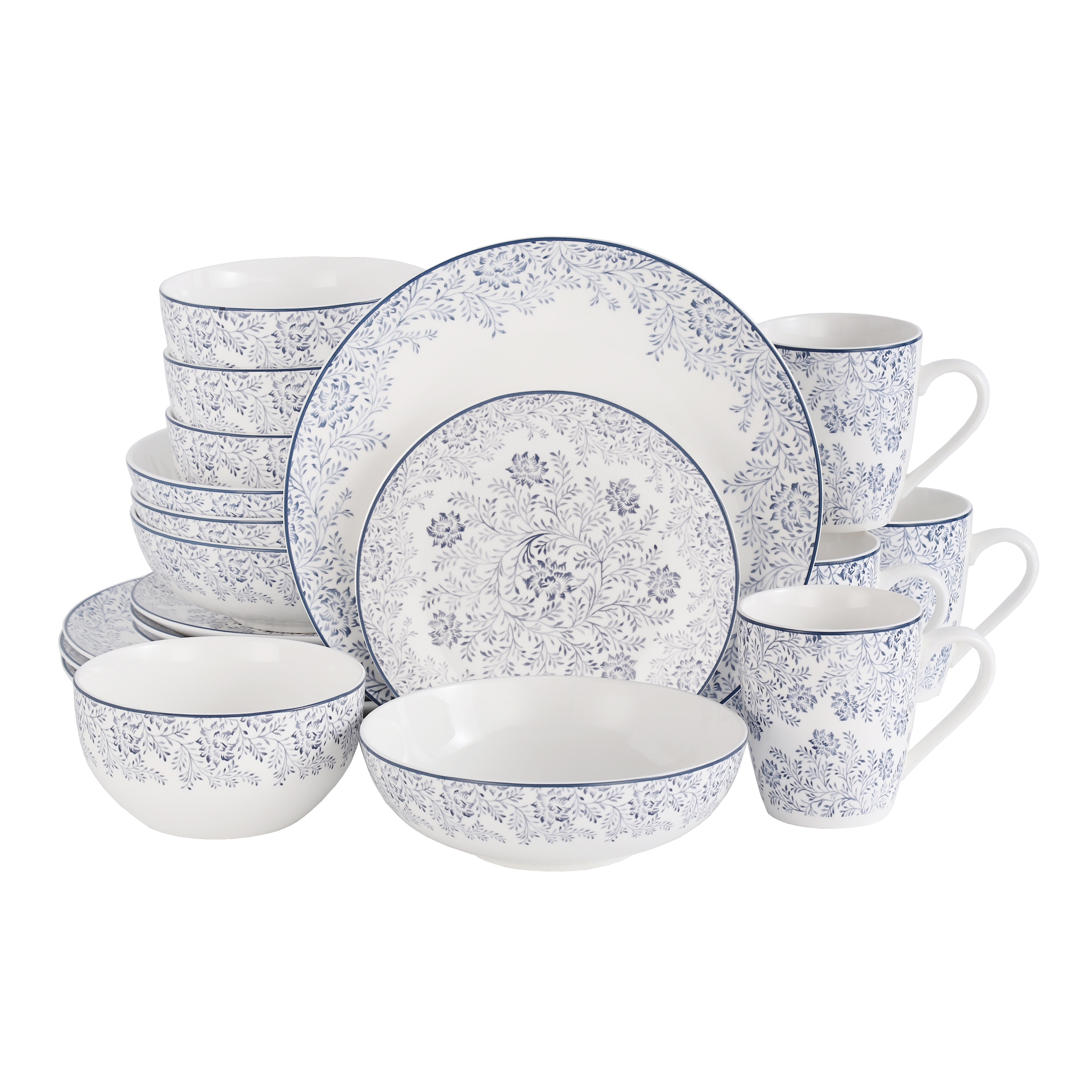 Lorren Home Trends Blue Floral Bone China Dinnerware Set, White, Service for 4, 20 Piece