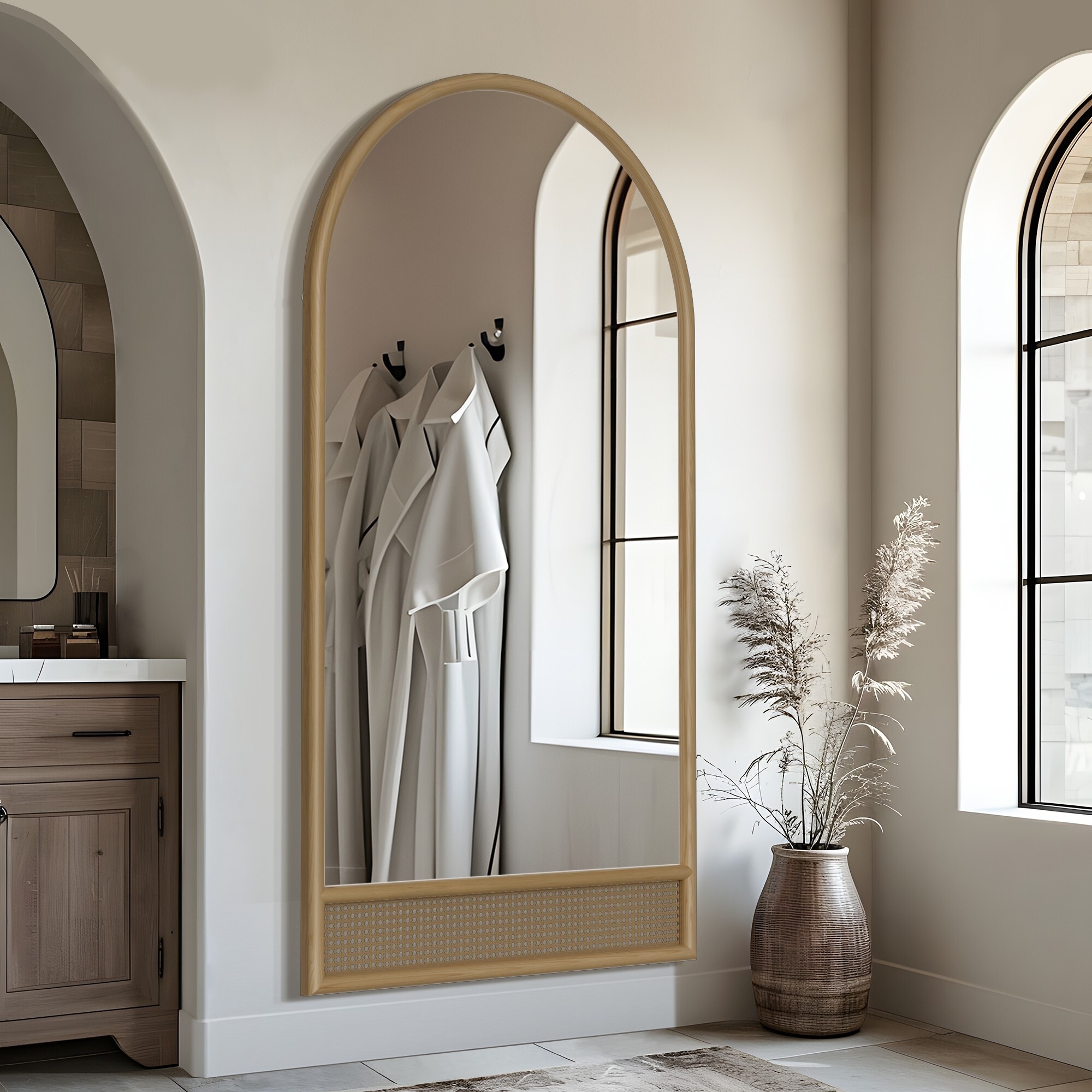 71" x 37" Arched Full Length Mirror Solid Wood Frame Full Body Mirror With Hand-Woven Rattan Decor - N/A