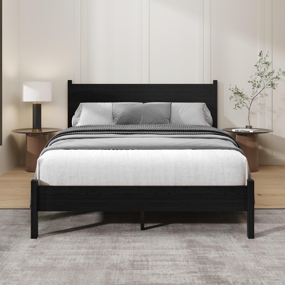 Clayfell Branford Solid Wood Platform Bed Frame with Panel Headboard and Full Slat Support