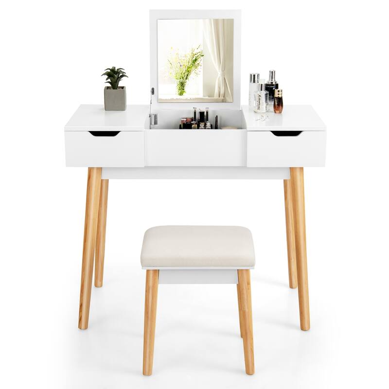 Costway Vanity Table Set w/ Flip Top Mirror Drawers 9 Dividers Makeup