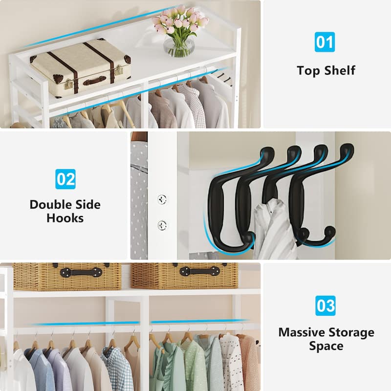 Freestanding Closet Organizer, Clothing Rack with 4 Drawers, 8 Hooks and Storage Shelves - Grey