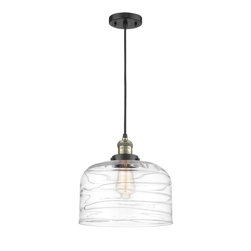 Innovations Lighting Franklin Restoration Bell - 1 Light 12" Cord Hung Mini Pendant - Black Antique Brass/Clear Deco Swirl