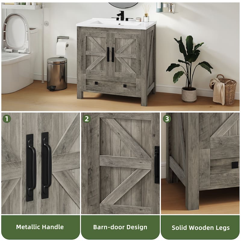 Moasis 30 Inch Farmhouse Bathroom Vanity with Sink and Barn Door Storage for Small Spaces