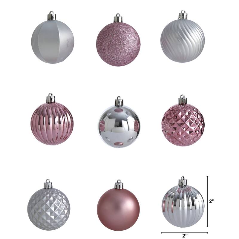 101ct Silver & Pink Shatterproof 3-Finish Christmas Ball Ornaments 2"