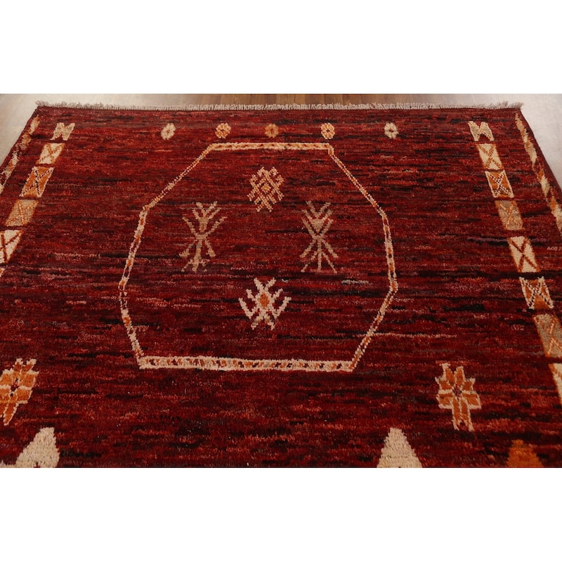 Hand Knotted Oriental 100% Wool Carpet Modern Tribal Red Moroccan Area Rug - 9' 10'' X 7' 0''