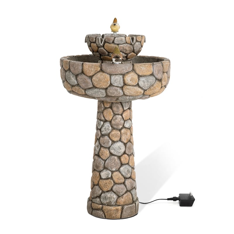 Glitzhome 24-inch Outdoor 2-tier Faux Pebbles Polyresin Birdbath Fountain with Pump