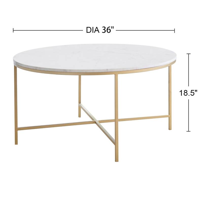 Round Faux Marble Coffee Table with Metal Legs in White and Gold