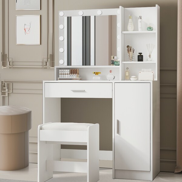 VANTOUL Modern Vanity Dressing Table with Mirror Light 1 Drawer 3 Level Storage Dresser 3 Lighting Modes Adjustable Brightness White
