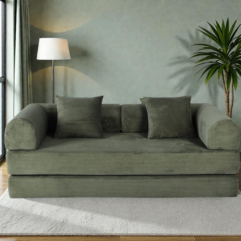 2 in 1 Foldable Sofa Bed, 75 Inch Boneless Convertible Sleeper Couch, Memory Foam Faux Fur Upholstered Floor Sofa - Green