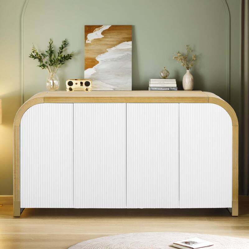 4-door Curved Corner Design Wavy Door Panel Cabinet with Adjustable Shelves, Suitable for Study, Living Room and Entrance - White